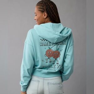 American Eagle Outfitters Light Blue Zip Up Hoodie Cherries 1977 women size XS